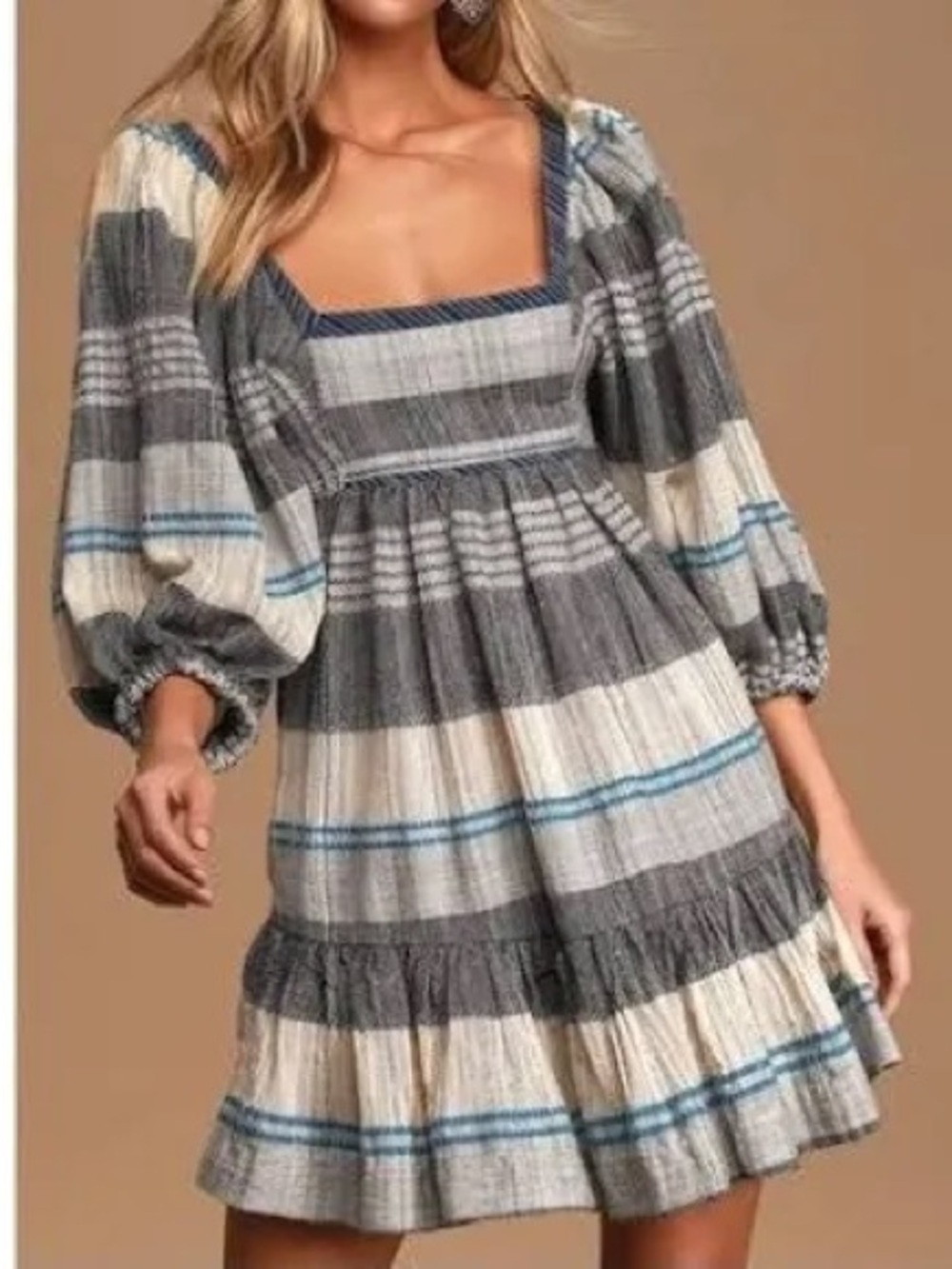 FREE PEOPLE Cozy Stripe plaid Mini Dress size large renaissance boho